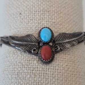 Benson Boyd Native American Navajo Turquoise and Coral Sterling Silver Cuff